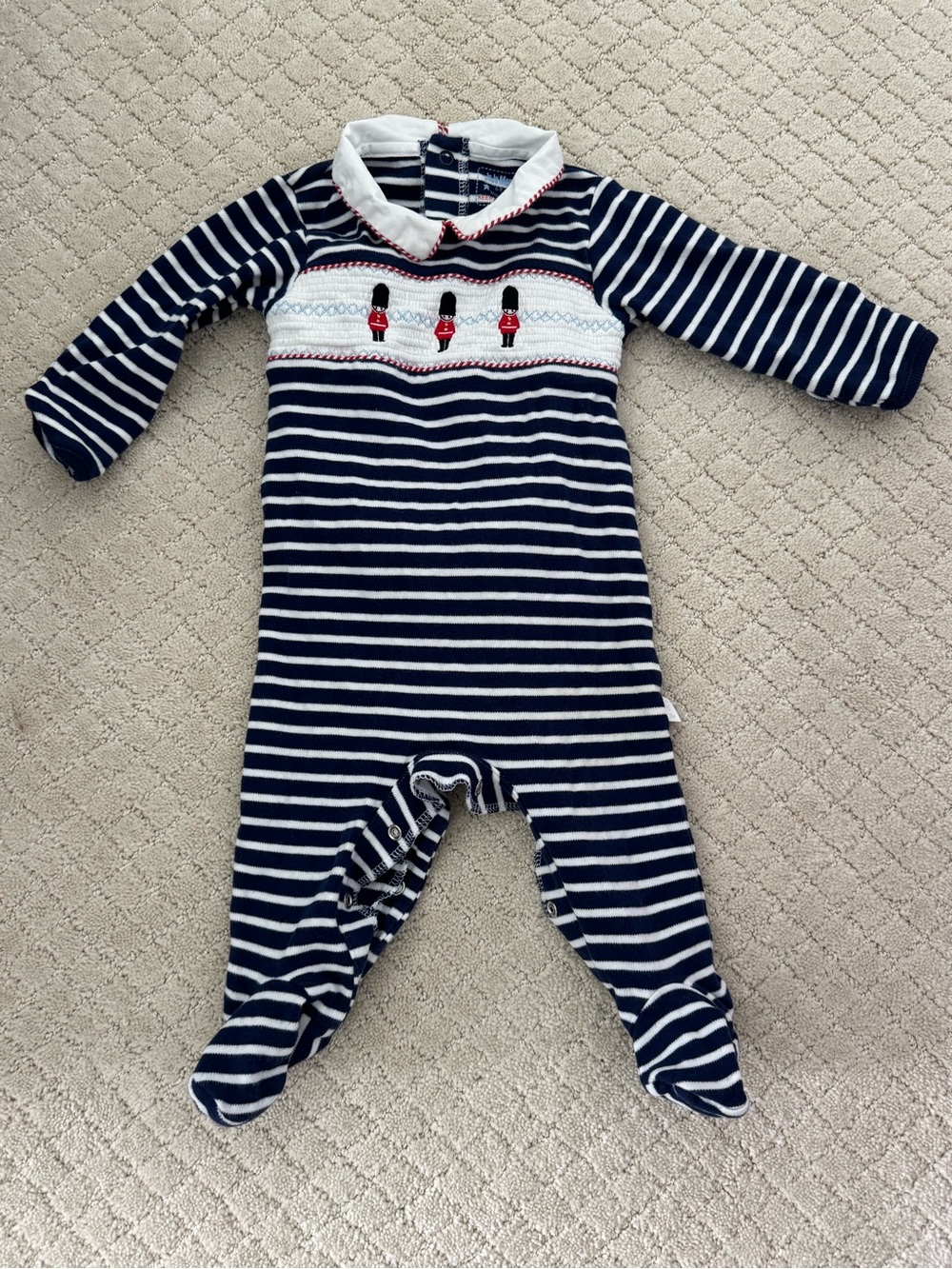 JoJo Maman Bebe Navy and White Striped Footie with British Toy Soldier Smocking
